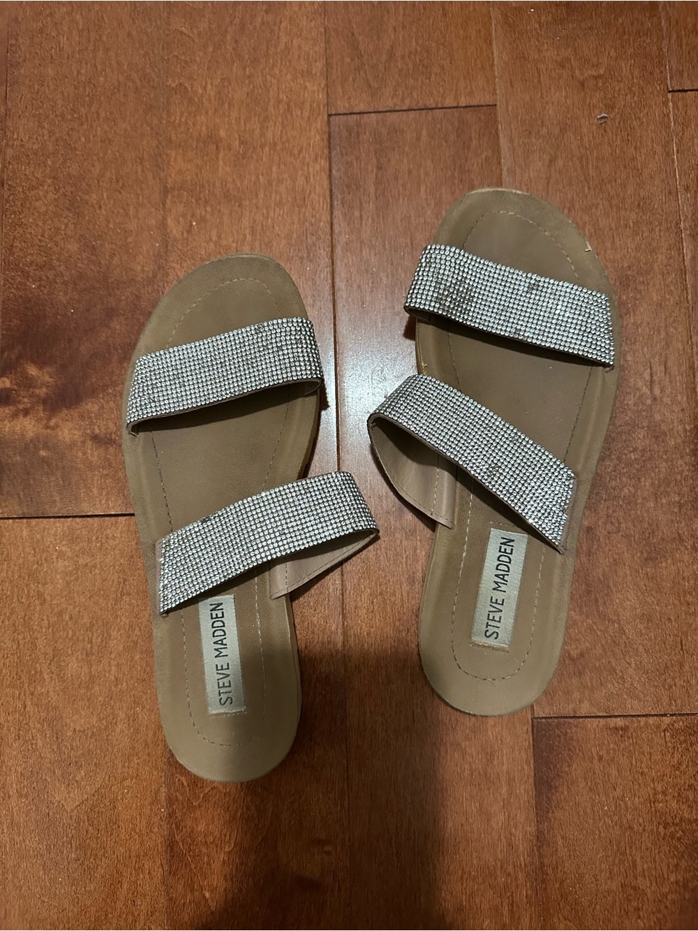 Steve Madden Tan Slide Sandals with Crystal-Embellished Straps